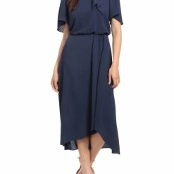 Best Pirce ⌛ London Times 👩 women Side Tie Flutter Sleeve 👗 Dress in Navy 🥰