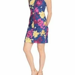 Coupon 😀 London Times 👩 women Twist Neck Halter 👗 Dress in Blue/Magenta 🥰