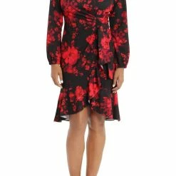 Deals 🌟 London Times 👩 women Long Sleeve Floral 👗 Dress in Black/Rose 🥰